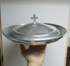 Vintage Metal Church Offering Collection Plate Aluminum w/Cross Handle & Lid 13