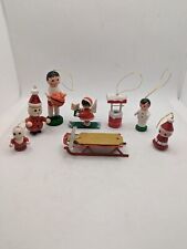 Lot Of 7 Cute Vintage 1960s 1970s 1980s Wooden Christmas Tree Hanging Ornaments picture