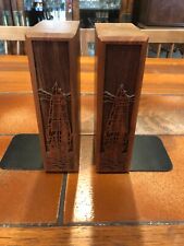 Vintage Pair of LaserCraft Solid Walnut Nautical Bookends, Ships Laser Engraved picture