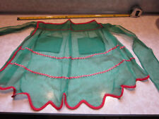 Vintage MCM Green & Red Ricrac Sheer Nylon Organza 2 Pocket Hostess Half Apron  picture
