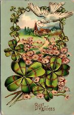 Vtg Best Wishes Embossed Dove 4 Leaf Clovers Flowers Gold Gilt 1910s Postcard picture