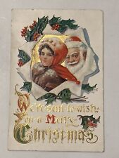 C. 1909 Antique Christmas Postcard Santa Claus & Mary Holly Embossed Gold Gilt picture
