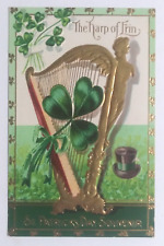 St Patricks Day Harp of Erin Shamrock Top Hat Gold Embossed Postcard c1910s picture