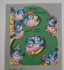 ORIG 1953 Vtg 8th BIRTHDAY CARD w 8 BLUEBIRDS A Forget Me Not SALESMAN SAMPLE picture