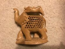 Vtg Hand Carved Reticulated Boxwood Elephant Figurine W/ Baby Inside Lion On Top picture