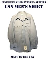 TAPE REMOVED US NAVY USN BLUE CHAMBRAY UTILITY WORK LONG SLEEVE SHIRT MENS M/L32 picture