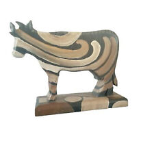 Vintage Hand Painted Carved Wood Cow Figurine, Wooden Home Decor picture