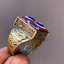 Ancient Old Bronze Antique Ring Roman Arabia With Evil Eye Stone Artifact Rare picture