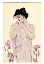 POSTCARD FRENCH KIRCHNER WOMAN WITH IRISES (UNSIGNED) M.M. VIENNE (NP) picture