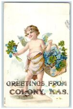 1907 Greetings From Colony Kansas KS, Angel With Basket Flowers Clover Postcard picture