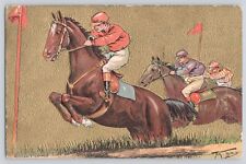 Postcard Horse Race & Jockey Artist Signed Arthur Thiele Gold Embossed Vintage picture