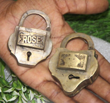 1930'S OLD BRASS 2PC UNIQUE SHAPE HANDCRAFTED PAD LOCKS, NICE PATINA 5002 picture