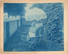 Baby in Ornate Victorian Wicker Carriage w/ Parasol Cyanotype Photo 4 x 5 in. picture