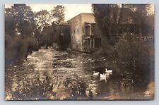 RPPC Geese On Creek Waters By Old Building Scenic VINTAGE Postcard picture