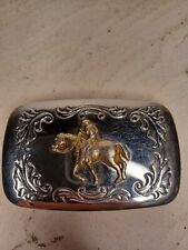 Vintage Cowboy Riding Horse Metal Belt Buckle Made in USA Western Rodeo Rare picture