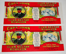2 Cap'N John Brand Clam Nector Bouillon Can Label NOS New 1940s Chamcock NB Soup picture