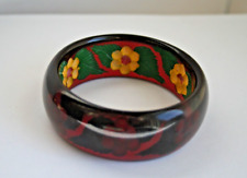 Vintage Reverse Carved Bakelite Bangle Bracelet Dark Cherry - Painted Flowers picture
