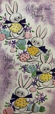 60s Vtg Easter Card Bright Sunny Easter To You Purple Glitter Happy Bunnies USED picture