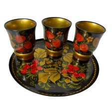 VINTAGE 4 Piece Russian Hand Painted Lacquered Wood Cup & PlasticTray picture