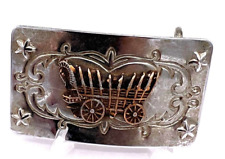 Vintage Covered Wagon Western Cowboy Rancher Silver Tone Belt Buckle 3
