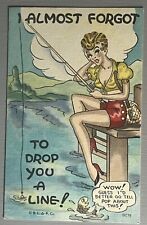 Comic Postcard Risque Pinup Fishing Pretty Young Woman Nice Legs 1940s VJ picture