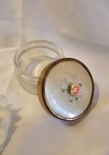 Vintage Glass Powder Vanity Small Trinket Box Metal Gold Lid Floral Screw Top  picture