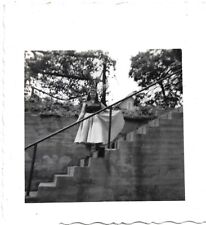 Lady On Steps Photograph 1950s Vintage Fashion Dress 2 3/4 x 3 picture