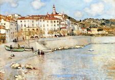 Dream-art Oil painting Jean-Francois-Raffaelli-Menton cityscape landscape river picture