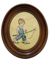 Antique Oval Wooden Frame With Needlepoint  Of Little Boy Fishings Circa 1970 picture