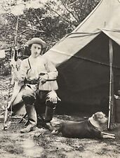 1800’s VINTAGE PHOTO ~ PIONEER MAN & PIT BULL DOG ~ Campsite Bear Trap FOUND picture