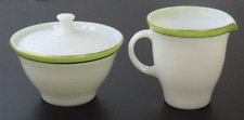 Vintage Pyrex Sugar Bowl w/Lid and Creamer Milk Glass w/Lime Green Stripe picture