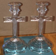 Beautiful Pair Vintage Mckee Glass Jesus Crucifixion Candleholders ￼ picture