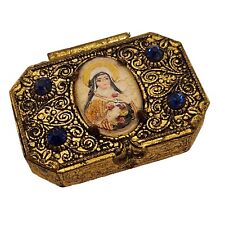 Antique Reverse Glass Hand Painted St. Therese of Lisieux Rhinestone Trinket Box picture
