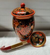 Vintage Khokhloma Hohloma Russian Folk Art  Wooden Vase/ Canister w/ Lid & Spoon picture