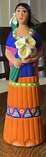 Vibrant Vintage Mexican Pottery Handpainted Woman With Lillies Tall Figure 13”+ picture