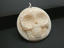 Skull Day of the Dead Sterling 925 Round Bubalus Bubalis Bone Pendant Necklace  picture