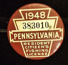 Vintage 1948 PA Pennsylvania Resident Fishing Badge License Pinback Button picture