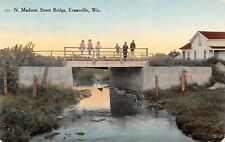 Evansville Wisconsin~Kids Hang on Rails~North Madison Street Bridge~House~1908 picture