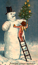 1927 LATVIAN Joyful Winter Postcard Cherub Lights Candles Snowman Christmas Tree picture