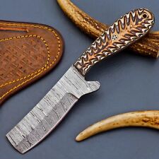 Handmade Damascus Cowboy Bull Cutter Knife With Bone Handle And Pancake Sheath picture