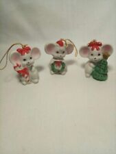 Set Of 3 Vintage Christmas Mice Bisque Porcelain Mouse Ornaments 70s Taiwan picture