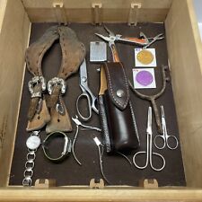 Vintage Junk Drawer Lot Lighter Knife Tokens Spur Straps Fossil Watch Scissors picture