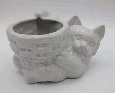 Vintage White Pottery PLANTER Cat Holding a Basket~ Sweet Kitty Kitten  picture