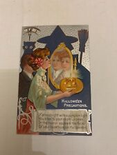1909 Halloween Precautions Embossed Postcard Witch Cat Mirror Lady Man Pumpkin picture