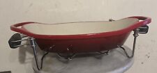 NEW Cast Iron LODGE 2 Qt  XL Red Oval Casserole Pan With Chrome Stand NWOT NICE picture