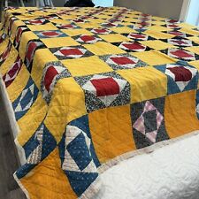 Vintage Quilt Star Patchwork 66”x82” Hand Stitched Yellow Red Blue picture