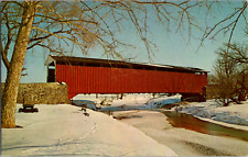 Vintage 1960's The Paradise Covered Bridge, Snow Scene, Pennsylvania PA Postcard picture