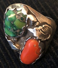 Important Early Zuni attr Dan Simplicio Ring Leaves Coral Green Turquoise Sz 10 picture