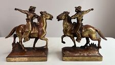 ANTIQUE PAUL HERZEL POMPEIAN BRONZE CLAD COWBOY HORSE RODEO ART STATUE BOOKENDS picture