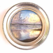 Beautiful Picture Frame 6.5” Round Beaded Silver Tone Metal Wood Standing picture